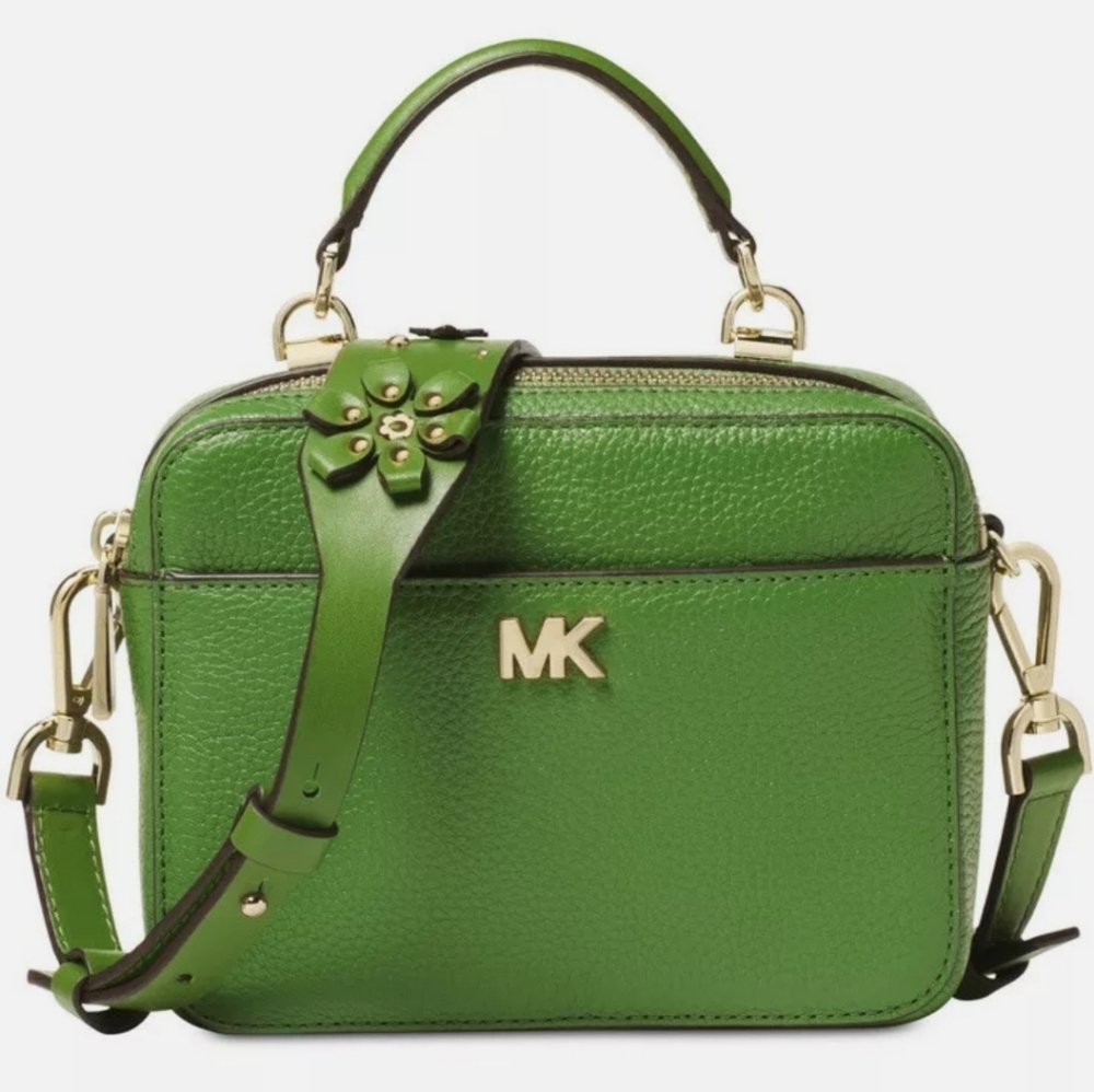 Michael Kors green leather mini guitar strap purse